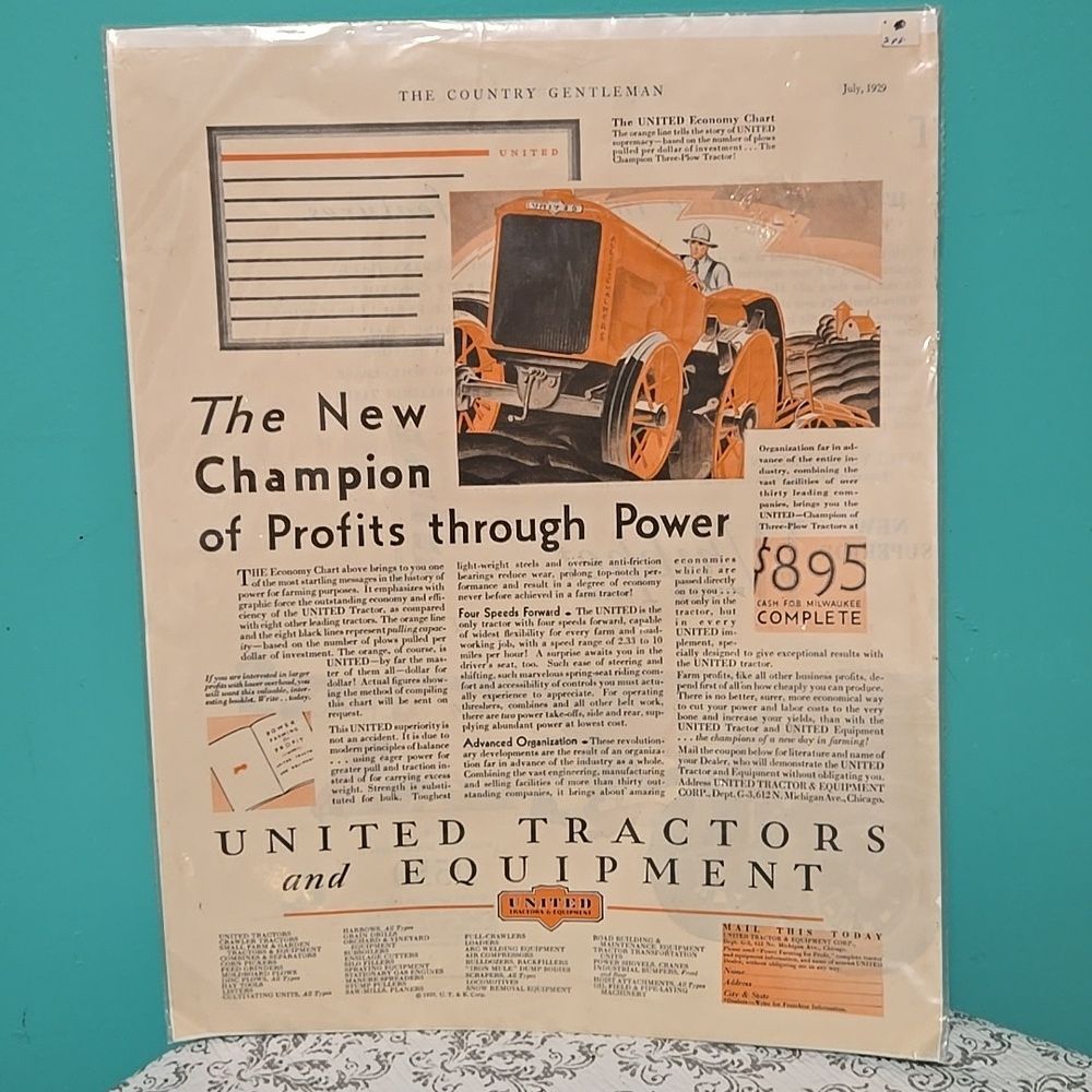 1929 United Tractor Equipment Antique Farming Ad Agriculture Paper